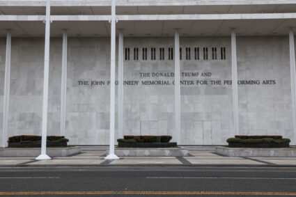 The facade of the recently renamed Donald J. Trump and John F. Kennedy Memorial Center for the Performing Arts, in Washing...