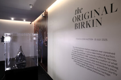 The Original Birkin displayed at Sotheby's auction house in Paris
