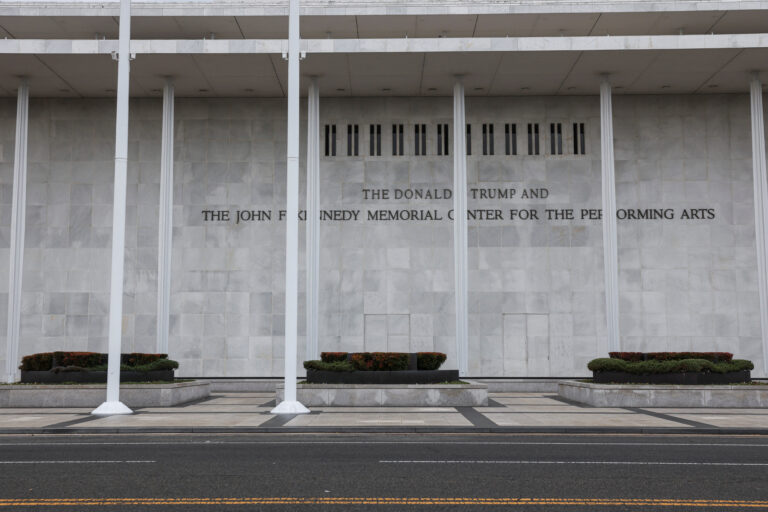 The facade of the recently renamed Donald J. Trump and John F. Kennedy Memorial Center for the Performing Arts, in Washing...